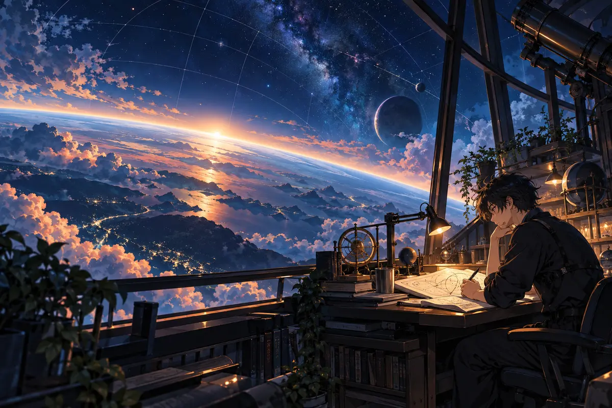 Original anime-style illustration of an adult researcher sketching beneath a vast, luminous cosmic sky.