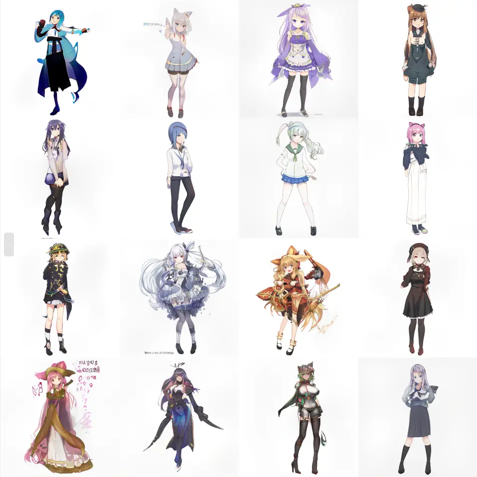 Sixteen anime characters generated for my final-year project, presented as the original sample grid.